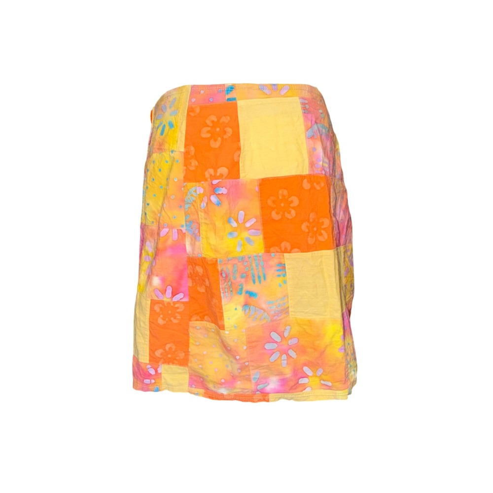 Vintage Patchwork Batik Floral Mini Skirt‎ Orange Yellow Boho Wrap Skirt